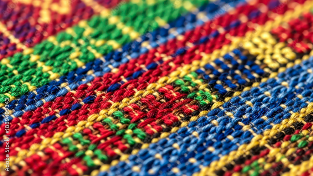 Fototapeta premium Macro View of Colorful Textile with Intricate Weave and Textured Threads