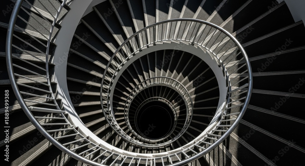 Fototapeta premium Deep spiral staircase descends into shadowy well with contrasting light and dark