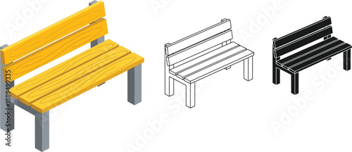 Three different colored benches in various design styles and colors