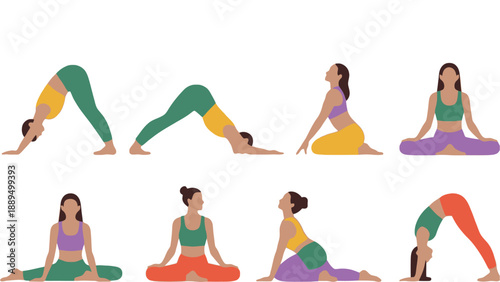A group of women practicing various yoga poses in different colorful outfits