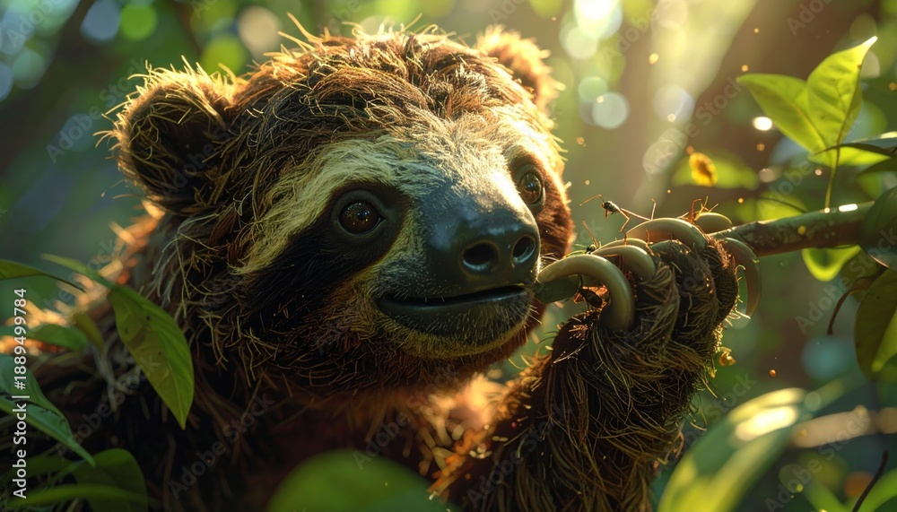 Fototapeta premium Smiling sloth hanging from a tree branch in a lush forest.