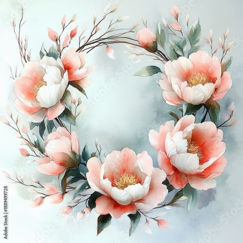 Delicate watercolor wreath featuring large blooming pink and white flowers with soft green leaves and wispy branches on a light background