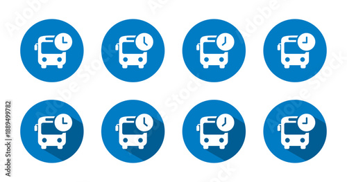 Bus schedule icon set with long shadow. Public transportation time and departure symbol
