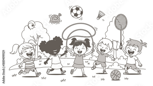 Happy diverse children playing sports and having fun outdoors in a park, with a jump rope, soccer ball, and badminton equipment.