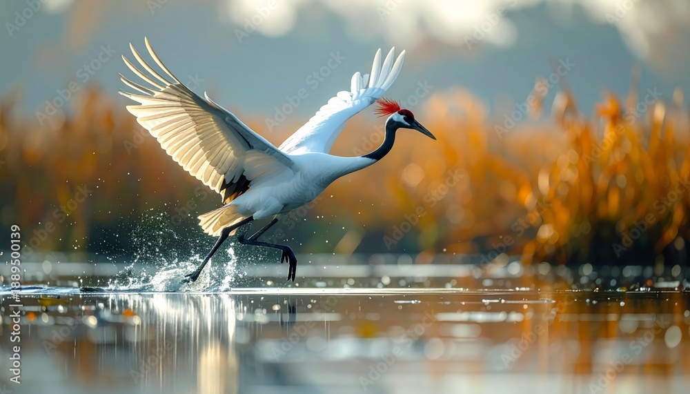 Naklejka premium White crane landing on water with wings spread.