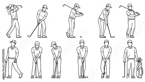 Line art illustrations of a golfer demonstrating different swings and putting stances.