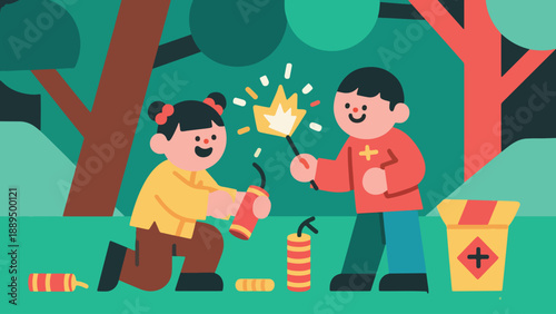 Illustration Of Chinese Kids Playing Firecrackers Safely Vector Design Template