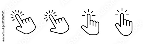 Finger click icons representing cursor touch screen interaction for digital devices including smartphones and tablets showing various angles and styles for user interface design and web navigation