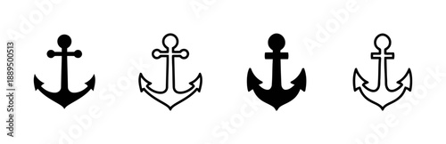 Four anchor icons, black and white solid and outline versions, depicting maritime, nautical, and sea vessel symbol, simple flat vector illustration