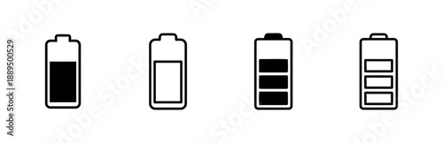 Four battery level indicators in black and white, showing different charge states from full to empty, perfect for mobile apps and device interfaces, symbolizing power and energy management.
