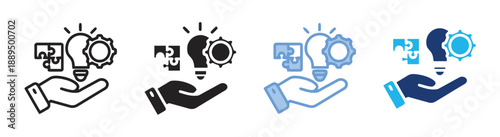 Hand holding lightbulb puzzle pieces and gear with cyclical arrows, representing innovation support, problem solving, idea generation, and strategic planning efforts