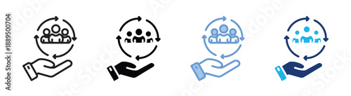 Hand holding group of people in circle with arrows indicating cycle of support, team management, human resources, community care, collective effort, and organizational development concept