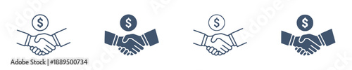 Handshake with dollar coin above, signifying deal or agreement, in outline, solid fill, and two color variations, for finance and business transactions