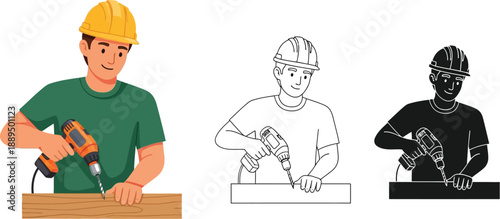 A construction worker using a power drill on a wooden beam