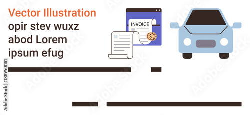 Payment processing, billing, transportation, documentation, financial planning, automotive services. A car, invoice document and payment icon appear. Payment processing and billing concept