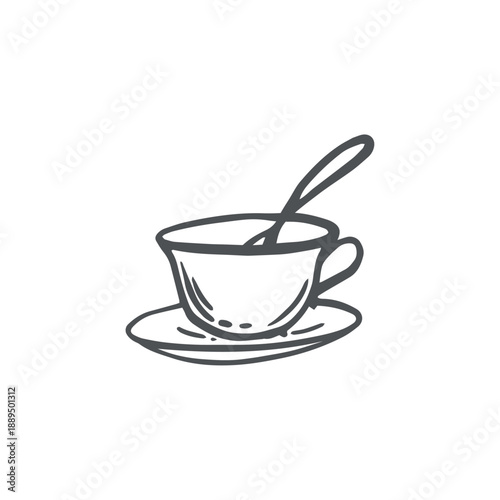 Tea pair, cup and saucer with spoon vector graphic illustration for food design. Hand drawn isolated doodle of cozy teatime items. Black and white clipart for desing menu or recipe, cottagecore vibes.