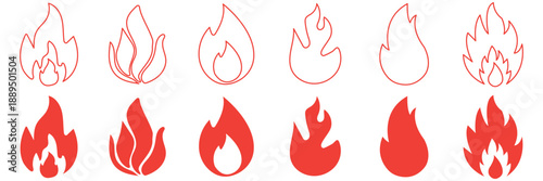 Fire icon collection. Fire flame symbol. Fire flame icon vector design symbol. Set of fire icons. Flame design of different shapes. Vector illustration