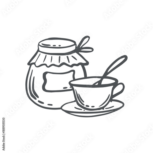 Jar of jam or honey and cup with saucer and spoon vector graphic illustration. Hand drawn isolated doodle of cozy teatime items. Black and white clipart for desing menu or recipe, cottagecore vibes.