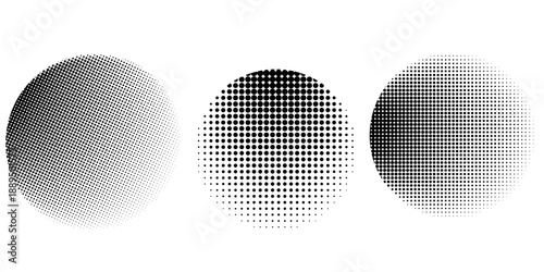 Set of halftone dots gradient pattern texture isolated on white background. Straight dotted spots using halftone circle dot raster texture. Vector blot half tone collection.