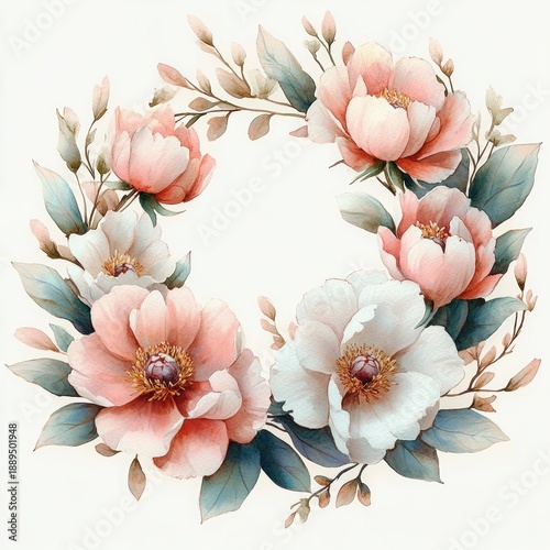 Delicate circular wreath composed of soft pink and white peony flowers with green and brown leaves and buds, creating an elegant and serene floral arrangement