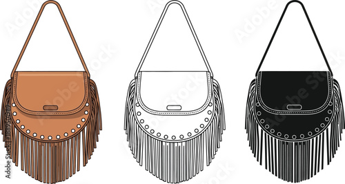 Three different colored purses with fringe and studs on a white background