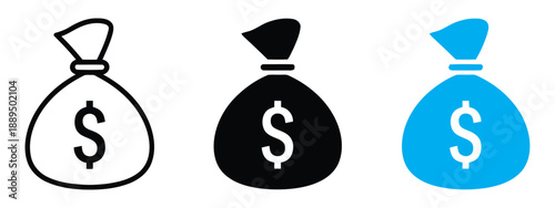 Money bag icons with dollar sign in outline, solid black, and blue fill, representing finance, wealth, and savings, banking and investment concepts, currency and cash symbols, economic themes.