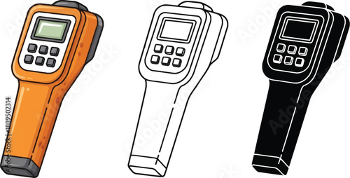 An illustration of three infrared thermometers in different colors and styles