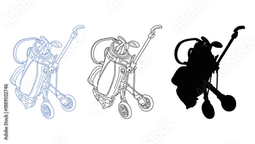 A colorful illustration of golf bags and their silhouettes on white background