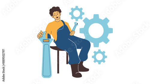A cartoon man in overalls sitting with a wrench and large spanner