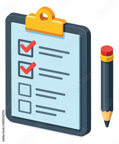 Isometric illustration of a clipboard and pencil depicting a checklist with completed tasks for business productivity