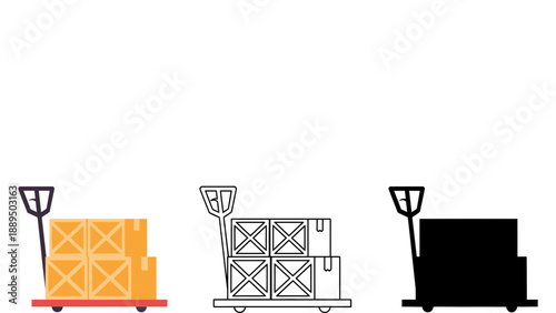 A set of hand trucks with different colored boxes on them