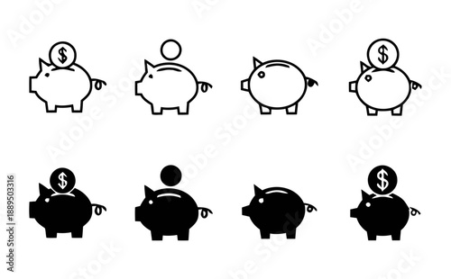 Piggy bank icons set collection with coin in outline and filled style for finance savings money saving concept and wealth accumulation illustration