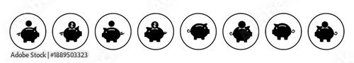Piggy bank icons with coins in various styles for saving money concepts. Set includes black silhouettes of piggy banks with and without coins for finance and banking themes isolated.