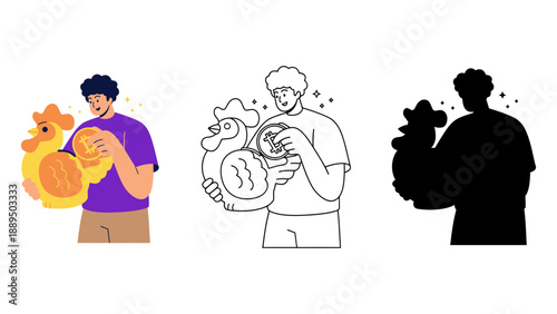 A man holding a piggy bank and coins in different illustration styles