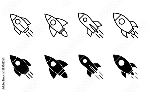 Rockets in outline and solid fill, varying styles and orientations for creative projects, space exploration and adventure themes, launching and flying concepts, science fiction and future technology.