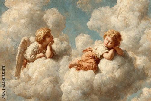 Seamless pattern of vintage cherub putti resting on clouds, calm seated poses, classical European Renaissance art style, muted pastel colors, soft oil painting texture, romantic fine art look