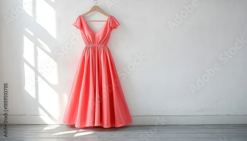 coral pink flowing dress on wooden hanger against white wall with window light and soft shadows, gray wooden floor, elegant romantic and serene mood
