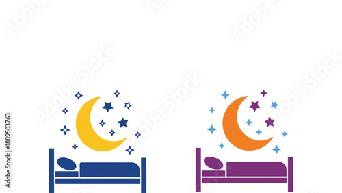 A colorful illustration of two beds with crescent moons and stars above