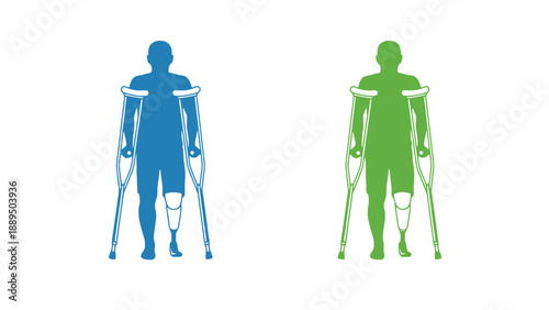 Two people with prosthetic legs standing on crutches in blue and green