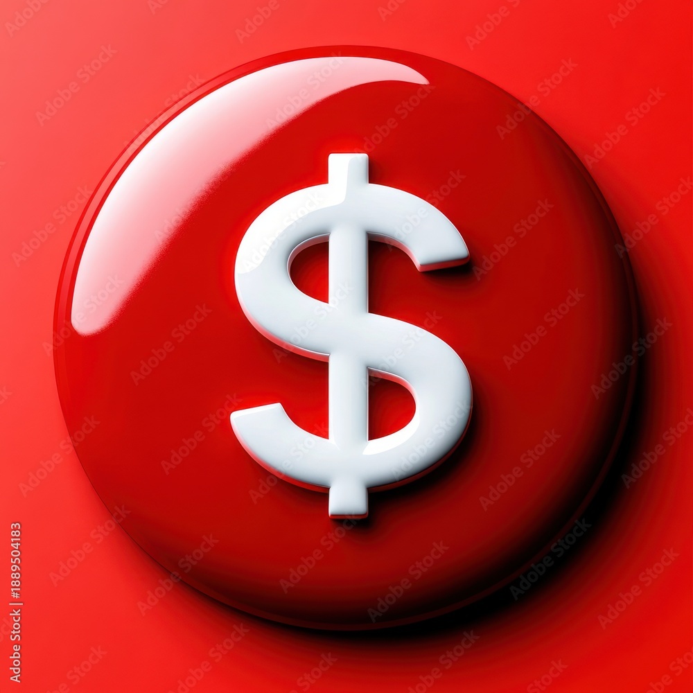 Obraz premium Glossy red circular button with a centered white dollar icon on a red background, reflective highlight and soft shadow, evoking urgency and financial alert