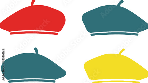 A colorful illustration of four berets on a white background