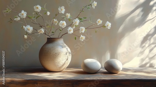 Wallpaper Mural Round ceramic vase with delicate white blossom branches and two smooth stones on a weathered wooden table bathed in soft sunlight, serene and contemplative Torontodigital.ca