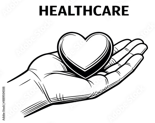 Line art illustration of a hand holding a heart depicting care for healthcare