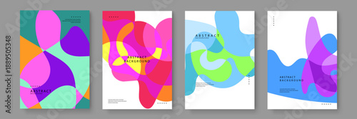 Set of four minimalist posters using clean organic color blobs and fluid wave shapes for a modern and professional aesthetic