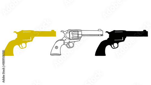 Three different colored revolver guns side by side on a white background