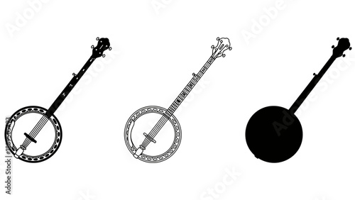 Three different banjo illustrations in various styles and colors on a white background