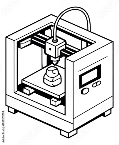 Isometric line art illustration of a 3D printer depicting an object being printed for modern technology