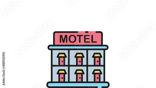 A colorful cartoon illustration of a motel building with a pink sign