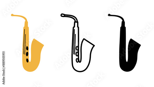 Three saxophones in different colors and styles on a white background