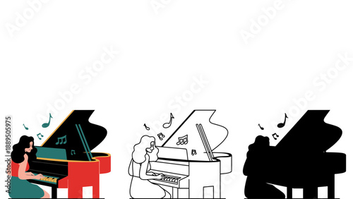 A woman plays a grand piano in different artistic styles and colors.